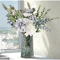 Artificial Dahlia Flowers Bouquet, 1 pcs, White and Blue, in Vase, for Kitchen, Bathroom, Living Room, Bedroom, Dining Room Decor, Housewarming, Valentine's Day, Wedding Gifts
