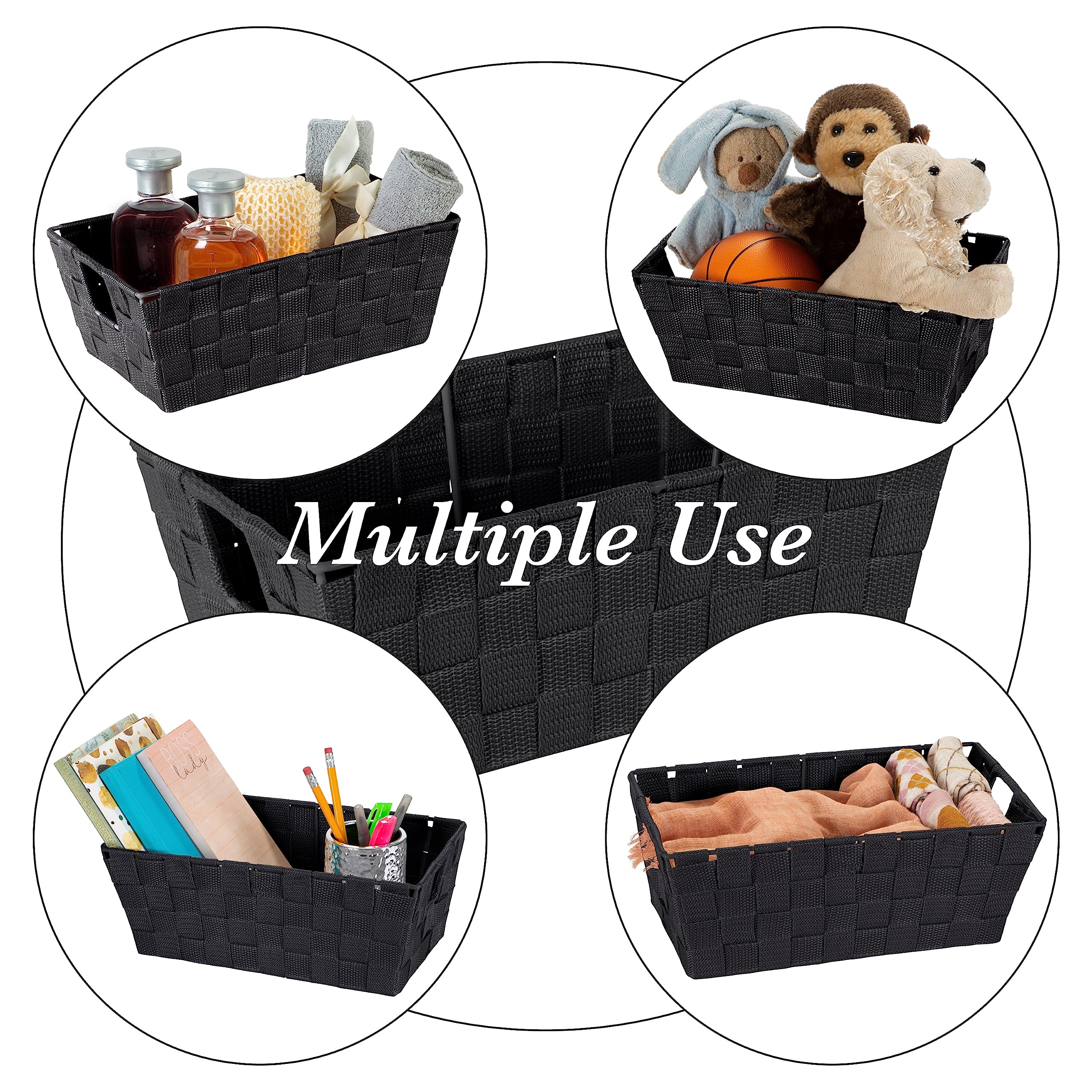 Simplify Small Shelf Woven Strap Tote | Decorative Storage Basket | Built in Handles | Organization | Closet | Bedroom | Bathroom | Nursery | Accessories | Toys | Gifts | 1 Pack | Black