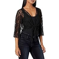 Star Vixen Women's Petite 3/4 Sleeve Stretch Lace Tiefront Shrug Sweater