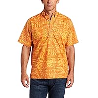Reyn Spooner Men's Huikau Short Sleeve Pullover Shirt with Buttons, Orange, Small