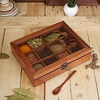 Ajuny Wooden Spice Box 10x8 Inch - Decorative Masala Dabba Organizer with Glass Lid, 12 Fixed Compartments & Spoon, Spice Storage Container, Ideal for Seasonings & Herbs, Perfect for Gift