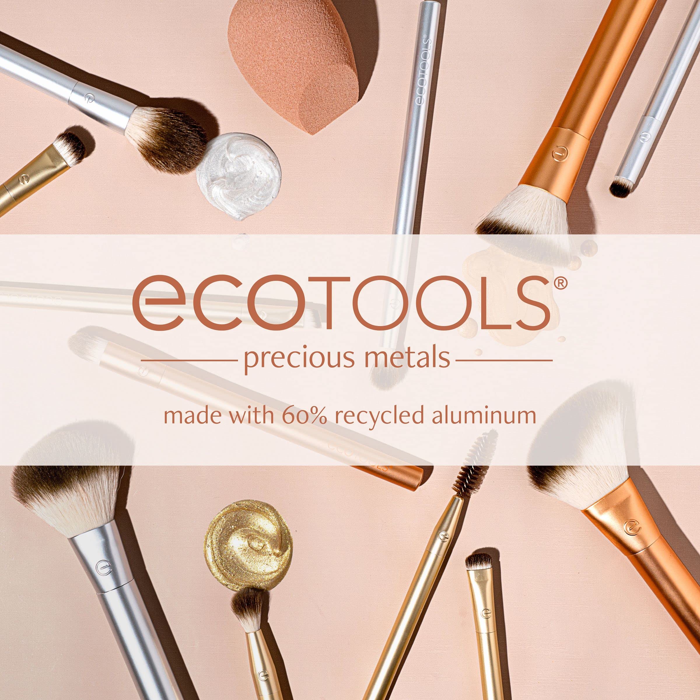 EcoTools Precious Metals Brightening Eye Kit, Precision Makeup Brushes For Eyeshadow, Brows, & Liner, Eco-friendly Makeup Brush Set, Sustainable Recycled Aluminum, Cruelty-Free, Chrome, 5 Piece Set