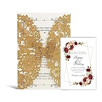 50x Luxury Gold Butterfly Wedding Invitations Cards 5x7, Elegant Laser Cut Lace Hollow Floral Invites Cardstock with Envelopes for Quinceanera Graduation Birthday Bridal Shower Personalised