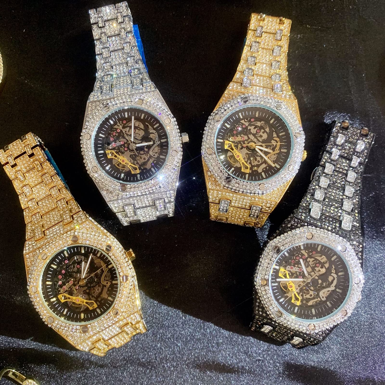 ICEDIAMOND 43MM Herren Full CZ Diamant Durchbrochene Handaufzug Automatik-Armbanduhr, Hip Hop vereiste Bling Zirkon Skelett Zifferblatt Luxusuhr