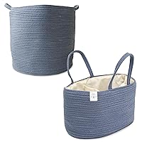 Natemia Large Rope Storage Basket and Cotton Rope Diaper Caddy - Nursery Bin and Toy Organizer Laundry Basket, Basket for Towels, Pillows and Blankets, Perfect Baby Registry Gift-Folkstone Grey