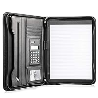 Black Superior Vegan Leather Business Portfolio with Zipper – Padfolio All-in-One. Smartest Protective 10.1 Inch Tablet Sleeve, Presentation Slot, Solar Calculator, Card Storage, Writing Pad