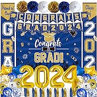 Ouddy Life Blue & Gold Graduation Decorations Class of 2024, 61Pcs Graduation Party Supplies Backdrop Congrats Grad Banner Door Porch Navy Blue Gold Balloons Star for College Campus School Decor