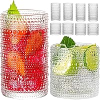 Drinking Glasses, 8 pcs Embossed Designed Glass Cups-4 Highball Glasses 15oz & 4 Rocks Glasses 13oz, Mojito Cups, Mixed Drink Cocktail Glass, Bar Glassware for Cocktail, Beer, Whiskey