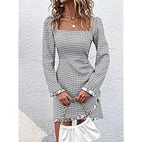 Fall Dresses for Women 2023 Houndstooth Print Square Neck Raw Hem Fitted Dress Dresses for Women (Color : Black and White, Size : Large)