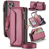 Crossbody for iPhone 15 Pro Max Case Wallet【RFID Blocking】with 10-Card Holder Zipper Bills Slot, Soft PU Leather Magnetic Shoulder Wrist Strap for iPhone 15 Pro Max Wallet Case Women,WineRed