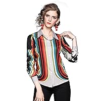 Women's Collared Neck Striped Print Shirts Long Sleeve Casual Tops Button up