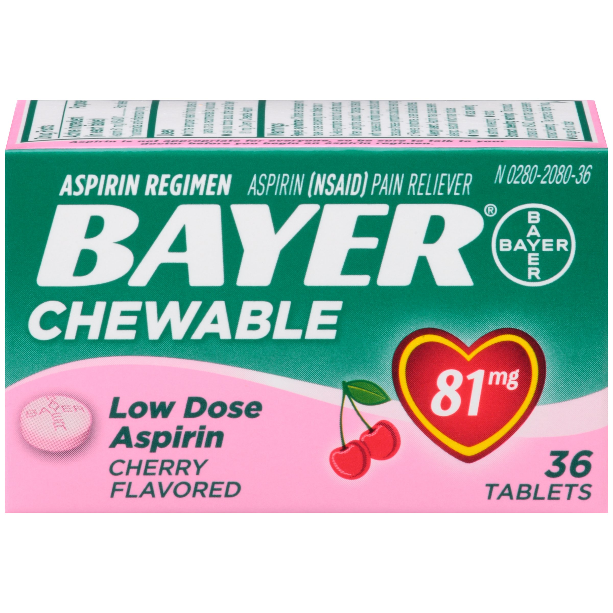 Bayer Aspirin Regimen, 81mg Chewable Tablets, Pain Reliever, Cherry, 36 Count (Pack of 2)