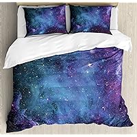 Ambesonne Outer Space Duvet Cover Set, Galaxy Stars in Space Celestial Astronomic Planets in The Universe Milky Way, Decorative 3 Piece Bedding Set with 2 Pillow Shams, Queen Size, Navy Purple
