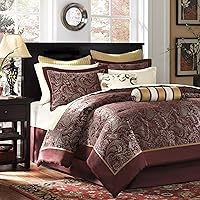 Madison Park Aubrey Cozy Comforter Set, Faux Silk Jacquard Paisley Design - All Season Down Alternative Bedding with Cotton Bed Sheets, Bed Skirt & Toss Pillows, King Red 12 Piece