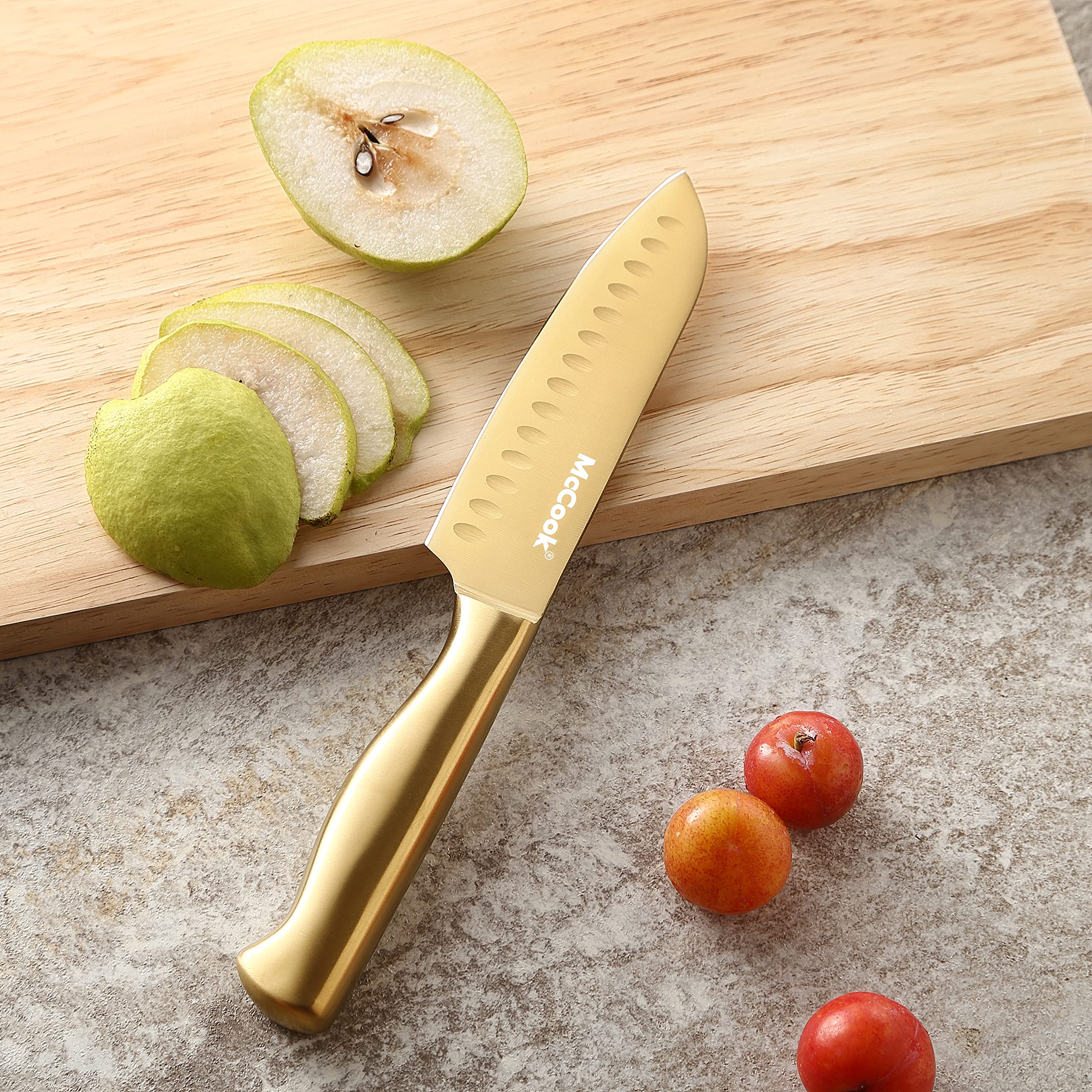 McCook® MC21G Knife Sets,15 Pieces Luxury Golden Titanium Kitchen Knife Block Sets with Built-in Sharpener