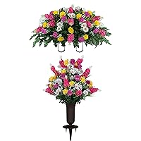 Sympathy Silks Artificial Cemetery Flowers – Realistic Vibrant Wildflowers Outdoor Grave Decorations - Non-Bleed Colors- 1 Pink Yellow Wildflower Bouquet, 1 Matching Saddle, & 1 vase Included