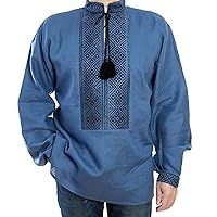 Vyshyvanka Mens Ukrainian Shirt Hand Embroidery Linen Blue Black Satin Stitch Size L