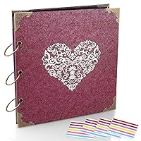 Photo Album and DIY Scrapbook, 10x10 inch 50 Pages Double Sided, Vintage Hardcover Three-Ring Binder Picture Booth Albums with 6 Colors 408pcs Self Adhesive Photos Corners for Memory Keep (Red)