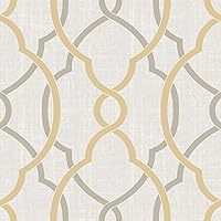 NuWallpaper NU1695 Sausalito Taupe/Yellow Peel & Stick Wallpaper, Yellow , Gray