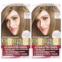 Excellence Creme Permanent Hair Color, 7.5A Medium Ash Blonde, 100 percent Gray Coverage Hair Dye, Pack of 2