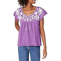 Lucky Brand Womens Ruffle Sleeve Tie Neck Embroidered Boho Blouse