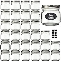 Rainforce Small Glass Mason Jars 8 oz 30 Pack With Silver Lids -1/4 Quart Canning/ Storage Pickling Jars For Jelly, Jam, Honey, Pickles and Spice With Free 30 Chalkboard Labels