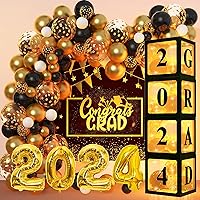 164PCS Balloon Boxes 2024 Graduation Party Decorations Black and Gold Balloons Arch Garland Kit 4Pcs Balloon Boxes with Light Strings Numbers(A-Z+0-9) for School 2024 Graduation Party Supplies