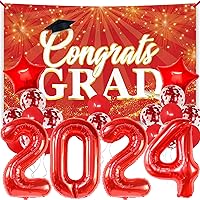 KatchOn, Red 2024 Number Balloons Set - Pack of 22, Red Congrats Grad Banner - XtraLarge 72x44 Inch | Graduation Backdrop for Red and Black Graduation Decorations Class of 2024 | Red 2024 Balloons