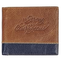 Christian Art Gifts Premium Genuine Full-grain Leather Bifold Scripture Wallet for Men: Strong & Courageous Inspirational Bible Verse, RFID Blocking Safe for Cash, Credit & ID Cards, Brown & Navy Blue