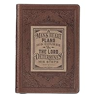 Classic Faux Leather Journal A Man's Heart Proverbs 16:9 Bible Verse Brown Inspirational Notebook, Lined Pages w/Scripture, Ribbon Marker, Zipper Closure