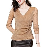 Glitter Mesh Tops for Women, Fashion Cross V Neck Semi Sheer Long Sleeve Bright Silk Pleated Blouses Elegant Work Shirts