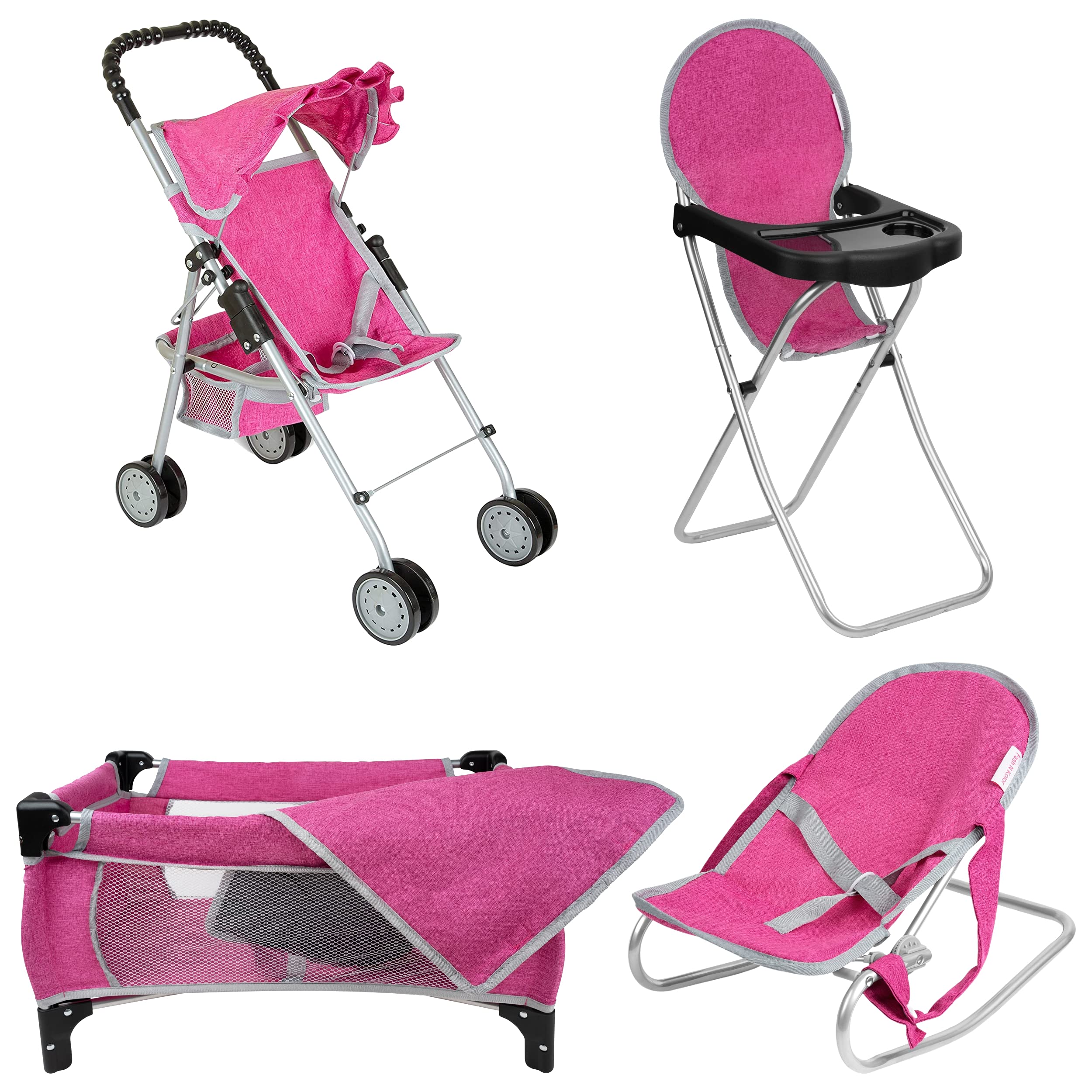 Fash N Kolor Doll Play Set Pink Denim 4 Piece Includes - Pack N Play, Doll Stroller, Doll High Chair, Infant Seat Fits Up to 18'' Doll Bag Stroller Accessories