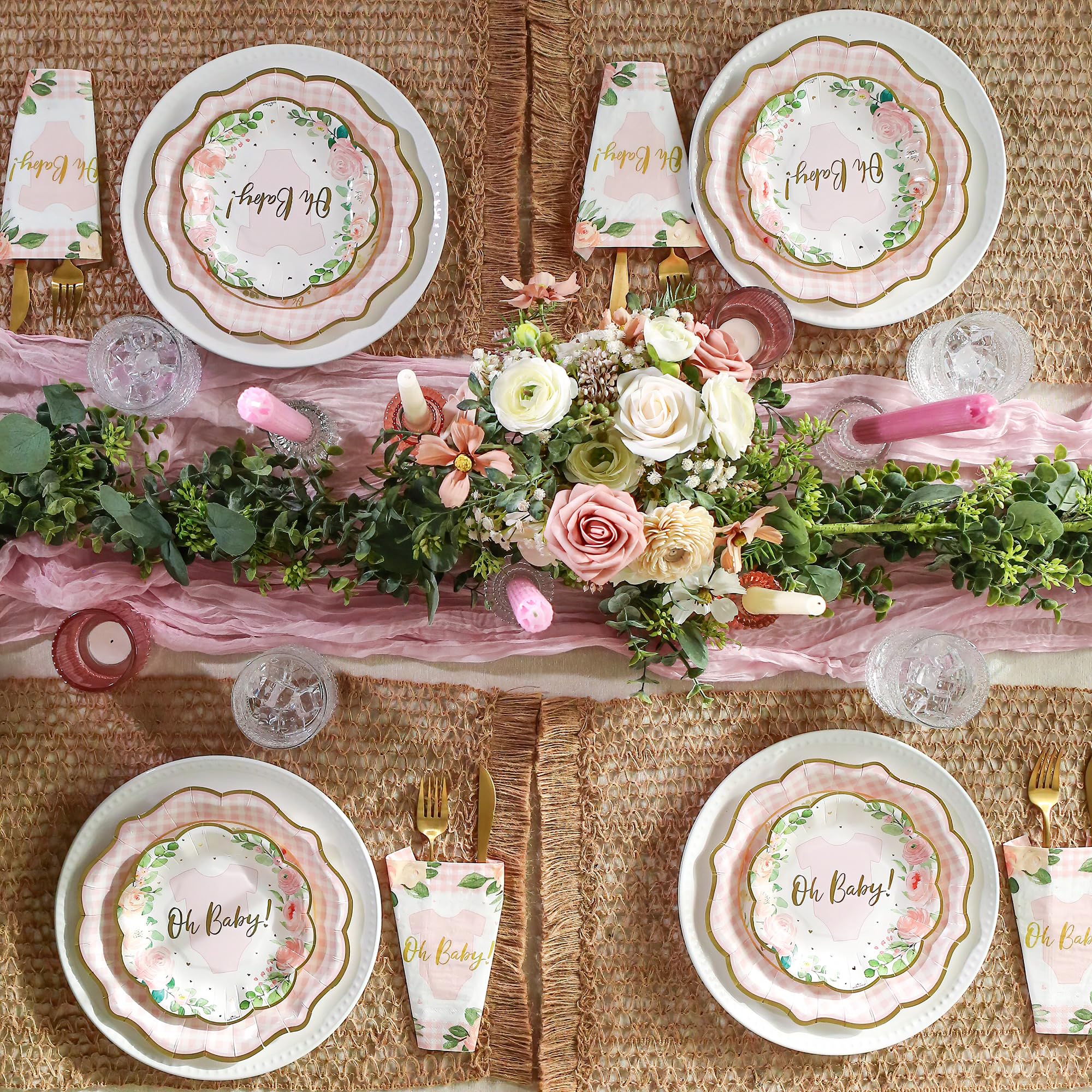 Kate Aspen Baby Shower Onesie Pink Floral & Gingham Tableware Set - 62pc. 16pcs 7 inch & 16pcs 9 inch Heavy Duty Disposable Party Plates, 30pcs 6.5 inch Durable Paper Napkins