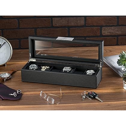 Glenor Co 6 Watch Box for Men - Mens Watch Case w Glass Lid - Luxury Carbon Fiber Design Mens Watch Box - Watch Holder for Men w Metal Accents & Sturdy Hinges - Modern & Masculine Watch Display Case