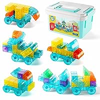 Play Brainy 52-Piece Magnetic Cubes Set - 3D Transparent Blocks with Assorted Shapes, Wheels, and Colors - STEM-Approved Learning Toys Building Blocks for Kids Ages 3 and Up - Comes with a Storage Box