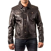 Mens Black Leather Casual Fitted Denim Levis Western Trucker Shirt Style Jacket