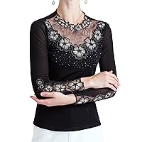 Women's Lace Tops Long Sleeve Casual Rhinestone Floral Embroidered Hollow Out Mesh Blouses Work Chiffon Shirts