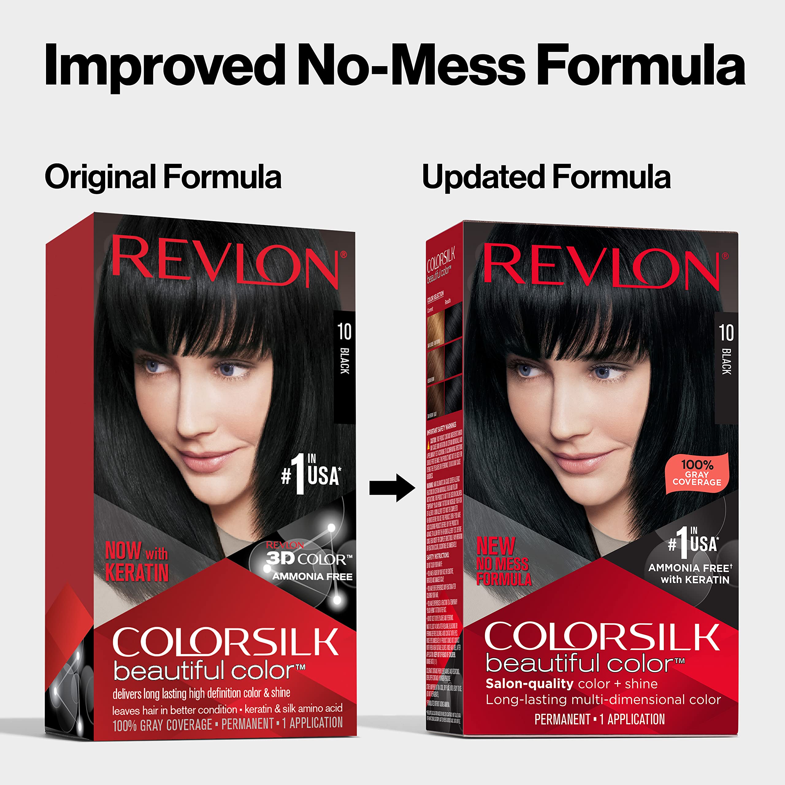 Permanent Hair Color by Revlon, Permanent Hair Dye, Colorsilk with 100% Gray Coverage, Ammonia-Free, Keratin and Amino Acids, 10 Black, 4.4 Oz (Pack of 1)