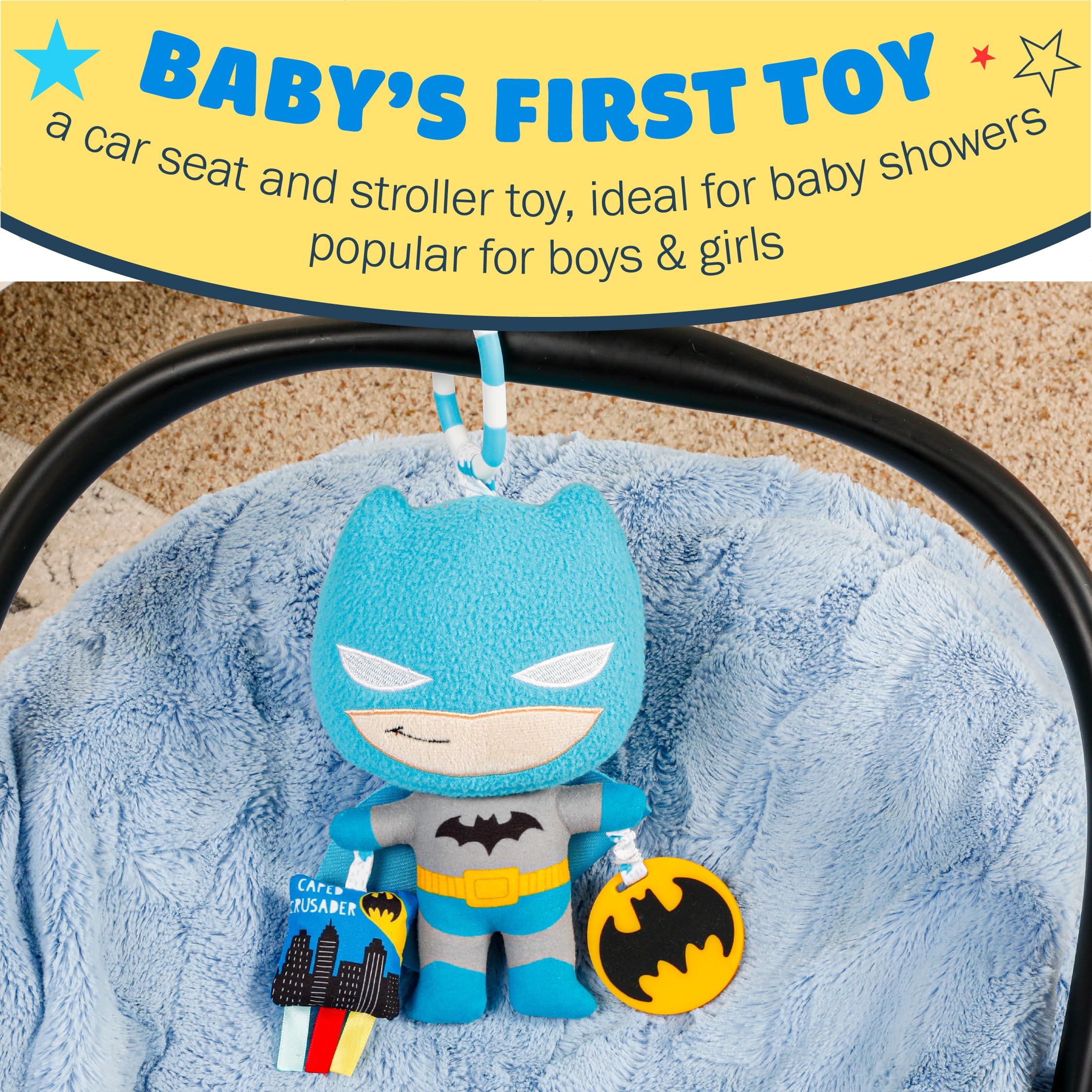 KIDS PREFERRED DC Comics The Batman Multi Sensory Activity Toy with Teethers, Crinkle Textures, and Clip for On The Go Fun for Infant and Baby Boys and Girls