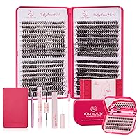 Fluffy Lash Clusters Kit 640pcs -1 Step Press On False Lash Clusters Kit, D Curl, No Glue Needed, Lashes Case with Mirror