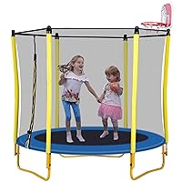 65'' Trampoline for Kids with Basketball Hoop, Rubber Ball and Safety Enclosure Net, 5.5FT Mini Toddler Trampoline for Indoor Outdoor Birthday for Kids