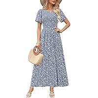 Kranda Women Summer Dress Round Neck Flutter Short Sleeve Smocked Ruffle Tiered Floral Maxi Dress 2024