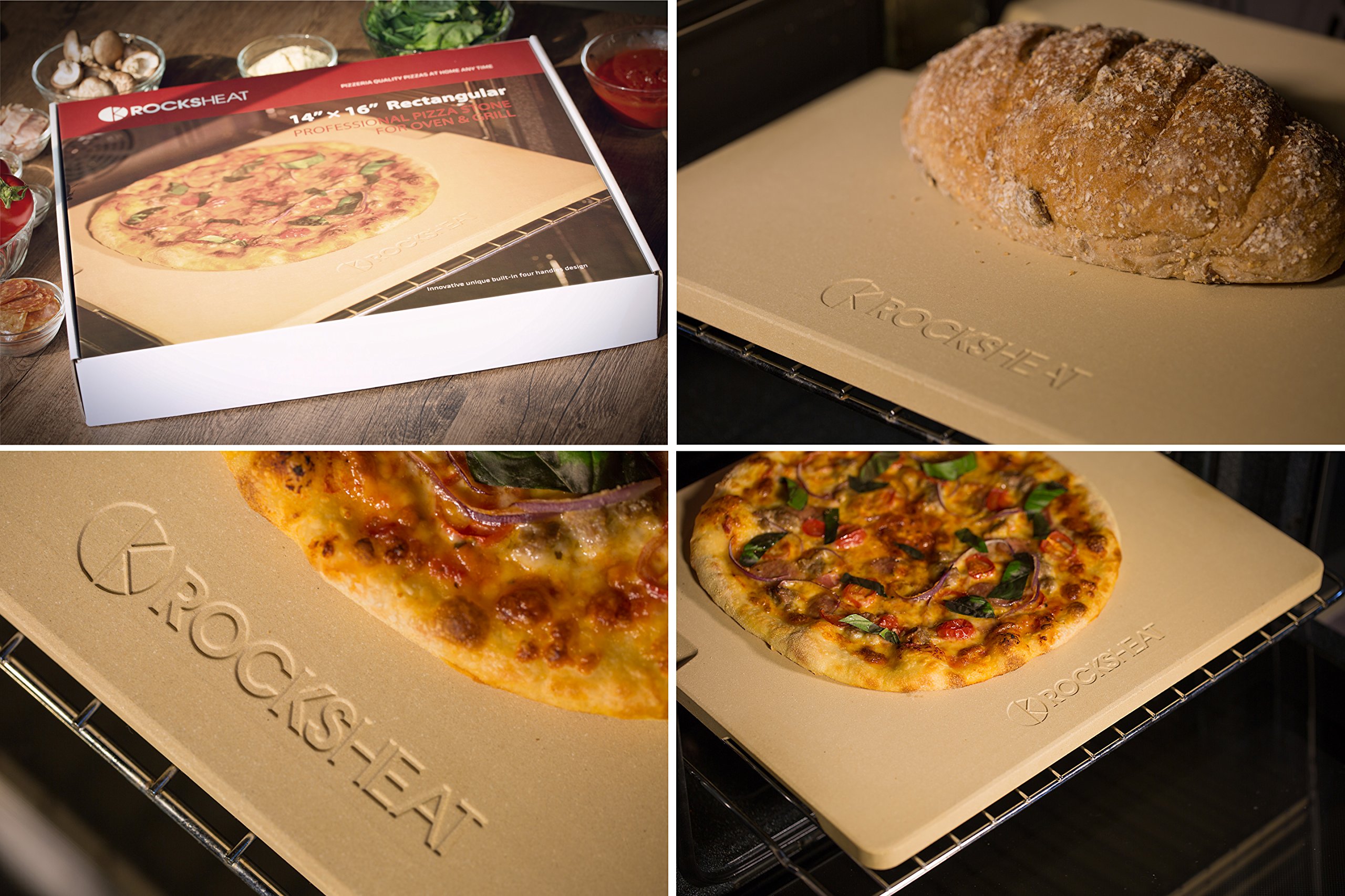 Pizza Stone Baking & Grilling Stone, Perfect for Oven, BBQ and Grill. Innovative Double - faced Built - in 4 Handles Design (14