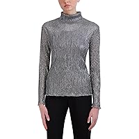 BCBGMAXAZRIA Women's Fitted Long Sleeve Top Mock Neck Pleated Glitter Mesh Shirt