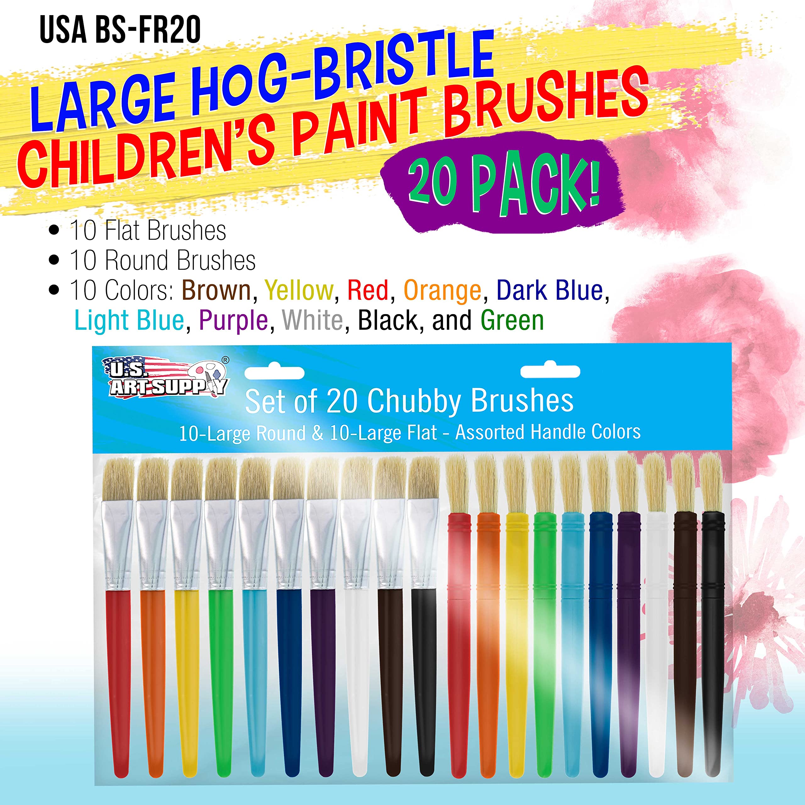 U.S. Art Supply 20-Piece Large Round and Flat Children's Hog Bristle Tempera Paint Brush Set - Fun Kid's Party, School, Student, Class Craft Painting - Beginners Starter Artist Painting Brush Kit