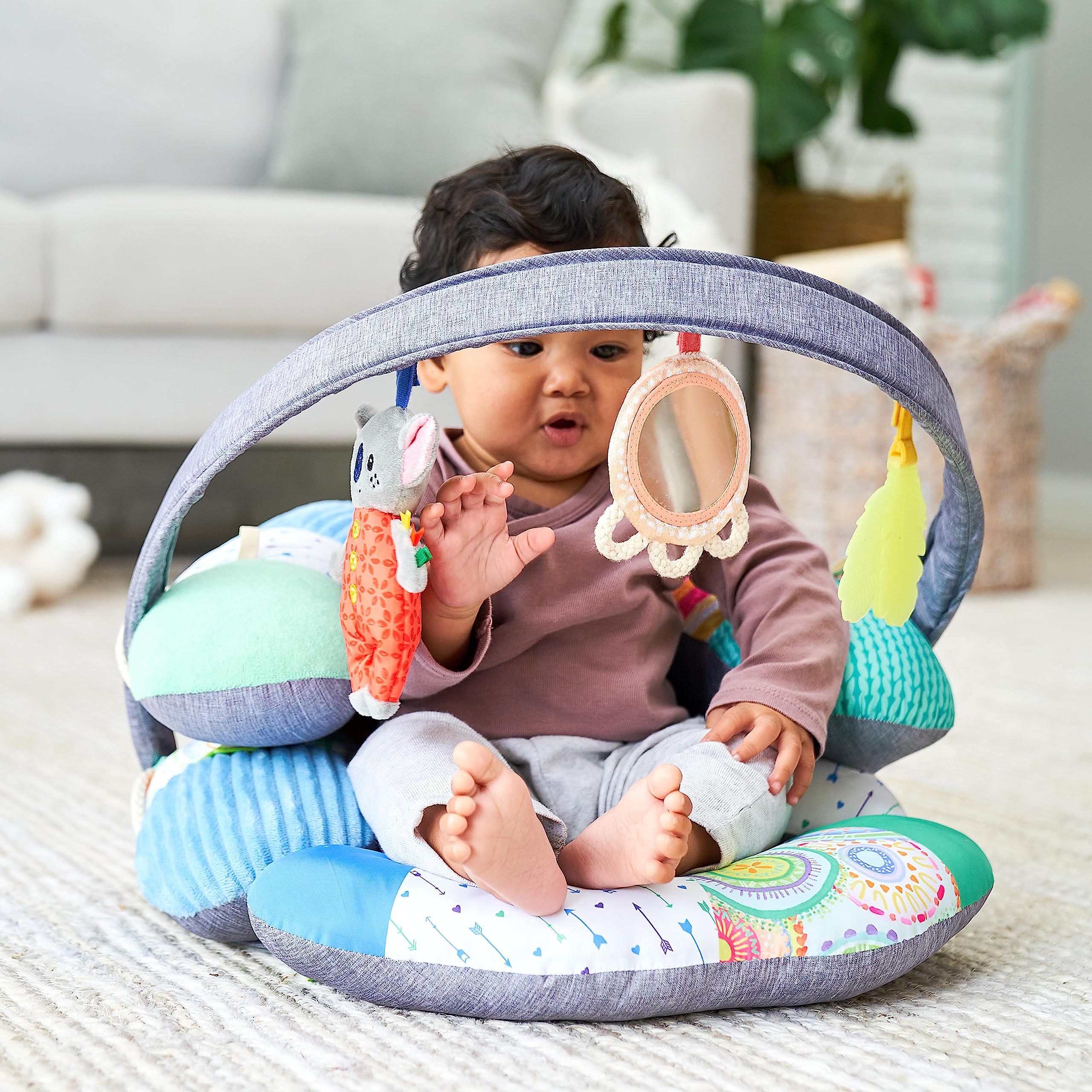 Infantino 3-in-1 Tummy Time, Sit Support & Mini Gym - Removable Toy Arch - Musical Koala Pal, Soothing Leaf Teether & Peek-and-See Mirror - for Babies, 0M+