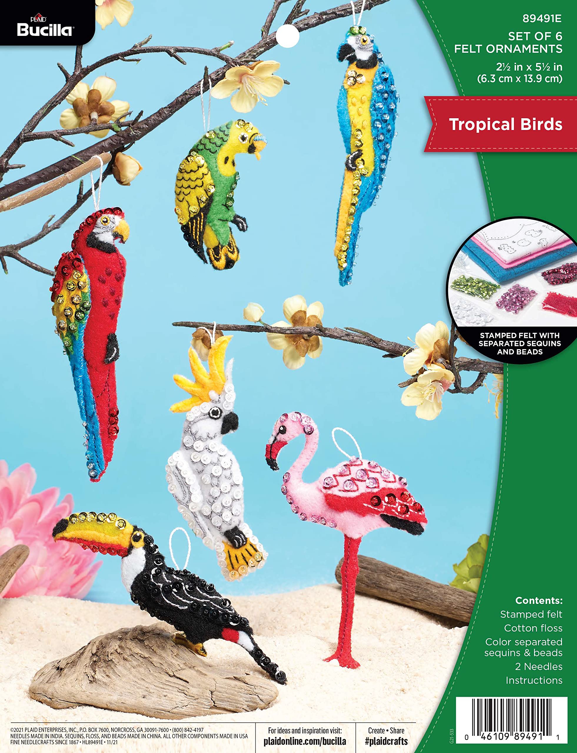 Bucilla, Tropical Birds Set of 6 Felt Applique Ornament Making Kit, Perfect for DIY Needlepoint Arts and Crafts, 89491E