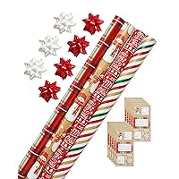 American Greetings 120 sq. ft. Christmas Wrapping Paper Set, Tan, Plaid, Snowman and Christmas Text (4 Rolls 30 in. x 12 ft., 7 Bows, 30 Gift Tags)
