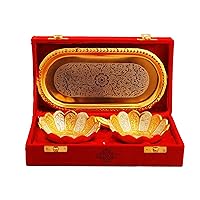 Indian Art Villa Silver Plated Gold Polished floral Bowls Set With 2 Spoons & 1 Tray, Service For 2, Festive Gifts