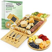 Charcuterie Board Gift Set, Expandable Bamboo Cheese Board with Stainless Steel Serving Utensils, Ceramic Bowls, Appetizer and Serving Trays, Utensil Trays - Housewarming 2 Drawers